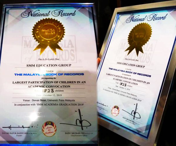 The Malaysia Book of Records recognition certificate for Largest Participation of Children in an Academic Convocation